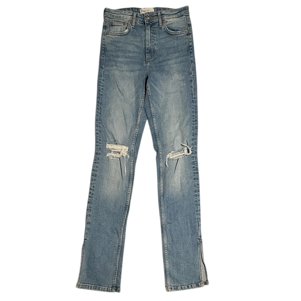 Zara High Rise Slim Straight Leg Jeans Distressed Knees Split‎ Hem